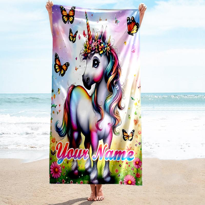 1PC Custom Name Fantasy Unicorn Garden Beach Towel Highly Absorbent And Sand-Resistant Towel for Swimming, Pool, Yoga, And Travel Lightweight