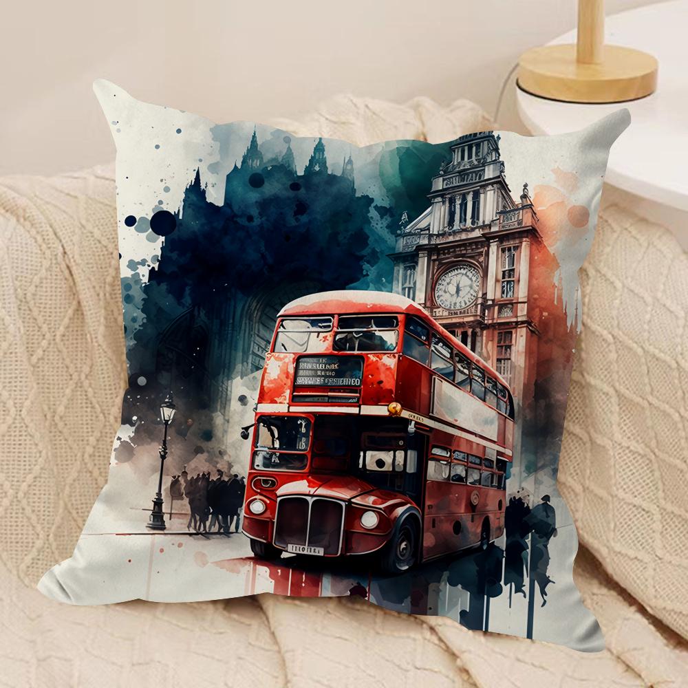 London Red Bus Print Cushion Cover Silky Short Plush Invisible Zipper Dustproof Sofa Pillow Case for Home Decor