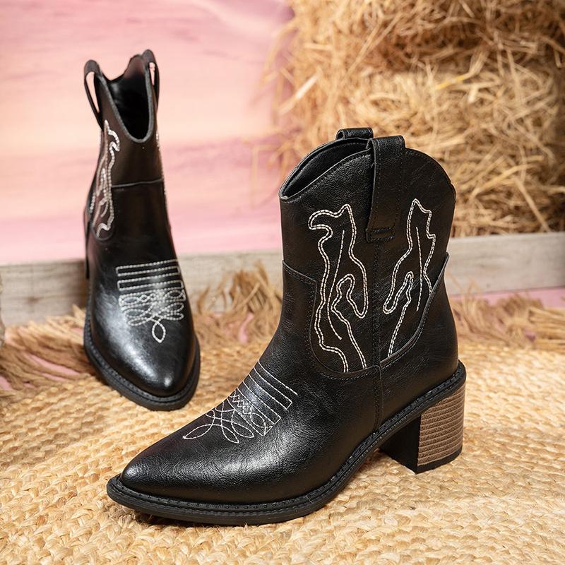 Fashion Autumn Winter Embroidery Women Western Cowboy Boots Fashion Pointed Toe Thick Heel Ankle Booties