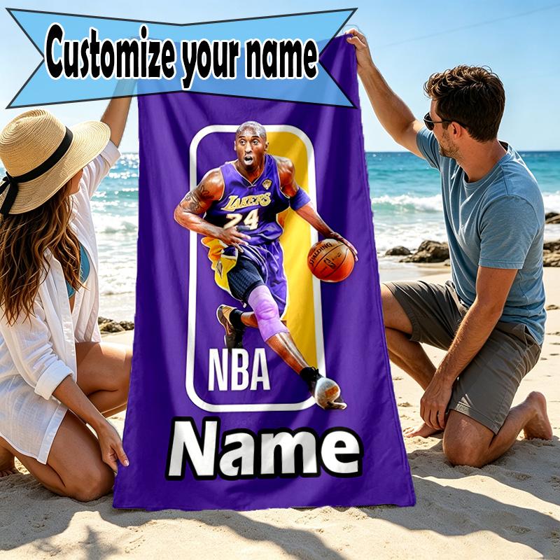 Custom Name Personalized NBA Print Beach Towel, for Trip Camping Beach Party Home Decor, Birthday Gift for Family & Friends