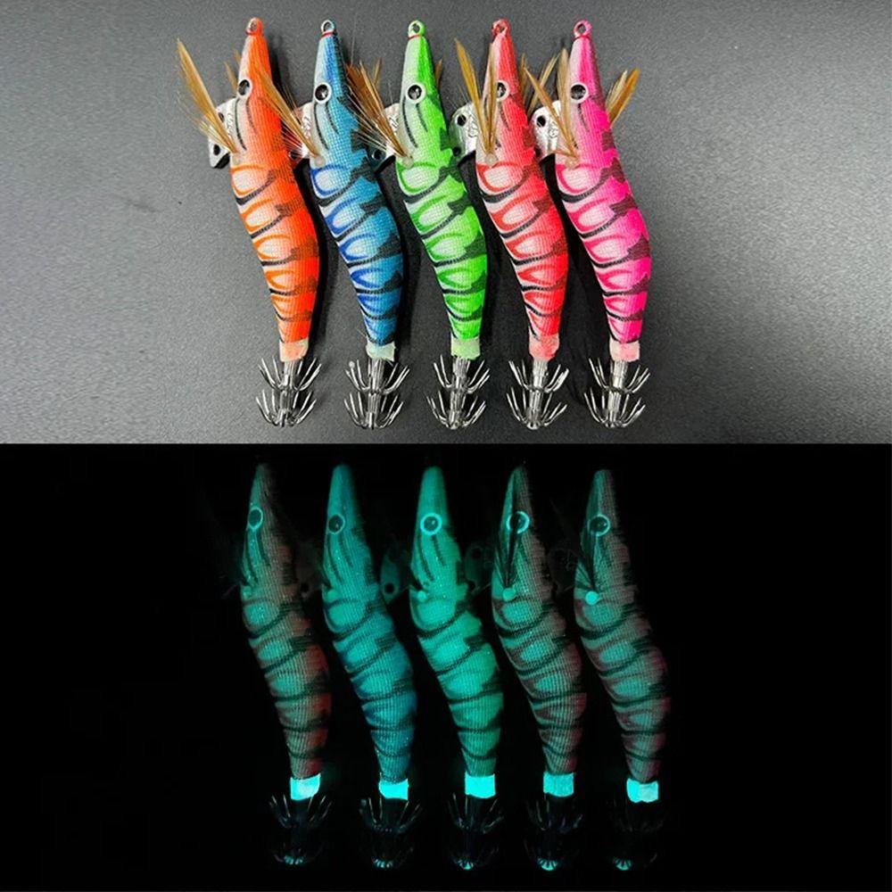 5Pcs 3D Eyes Luminous Squid Fishing Lure Wooden Shrimp Bait  All Kinds of Fishing Places