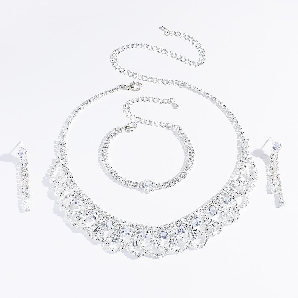 Full Diamond Rhinestone Necklace Earrings Delicate Clavicle Chain Earrings Two-Piece Set