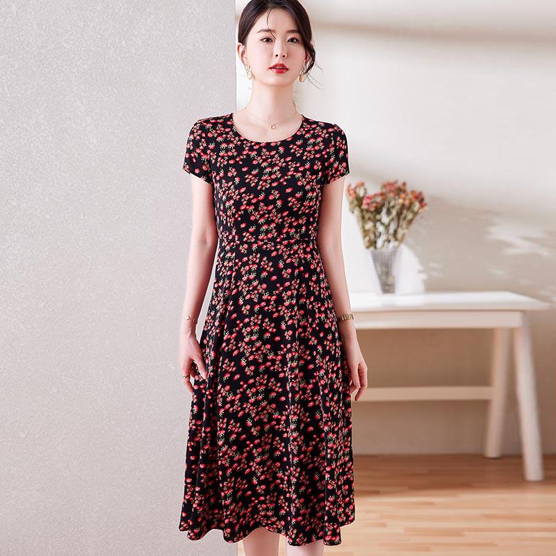 Vestido Floral de Verano Talla Grande - Manga Corta, Cintura Definida, Estilo Delgado