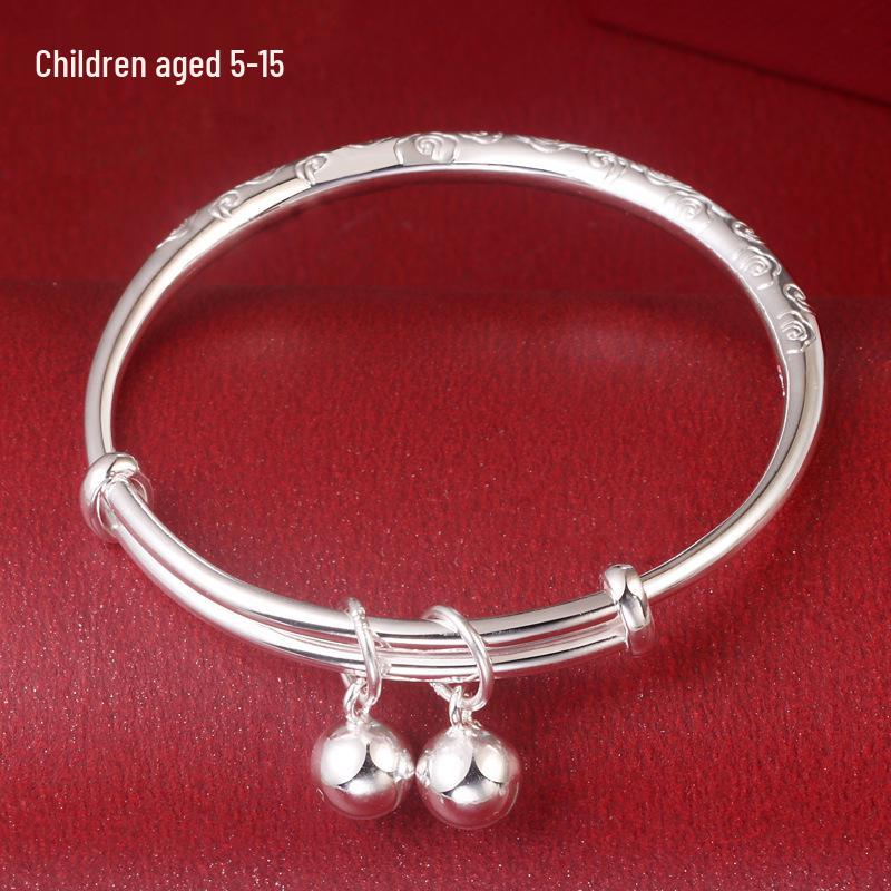 Sterling Silver Children’s Bracelet with Smooth Surface and Unisex Auspicious Clouds Design for Ages 6-12