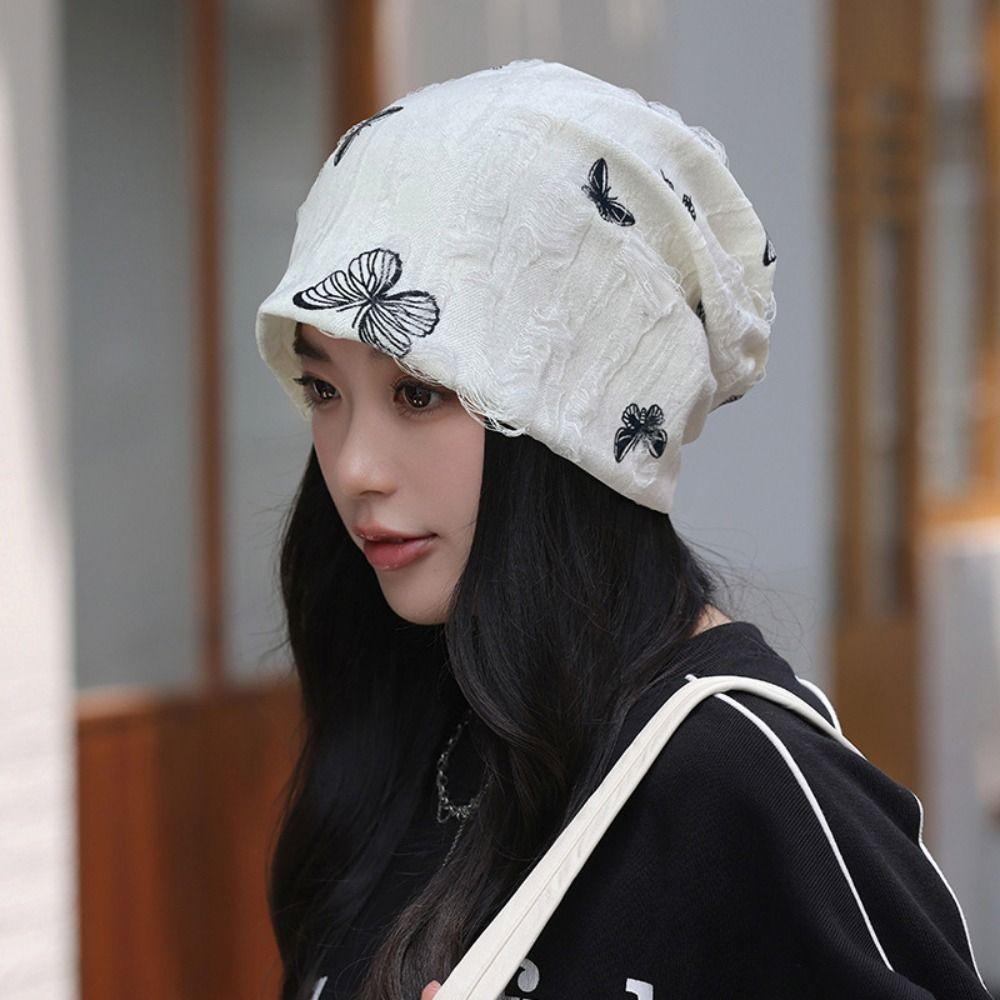 Holes Hair Caps Thin Knitted Hat Fashion Butterfly Print Beanies  Streetwear