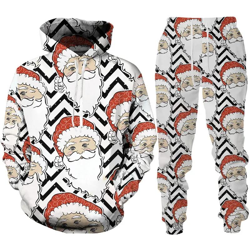 Autumn Winter Men Merry Christmas Hoodie Set Cartoon Santa Claus Clothing Male Fashion Hooded Coat Pullover Casual Streetwear