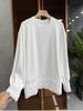 Korean Long Sleeve Lace Trim T-shirt, Round Neck, Solid Color, Casual Loose Fit