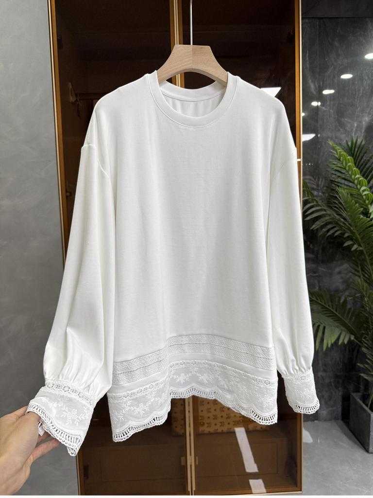Korean Long Sleeve Lace Trim T-shirt, Round Neck, Solid Color, Casual Loose Fit