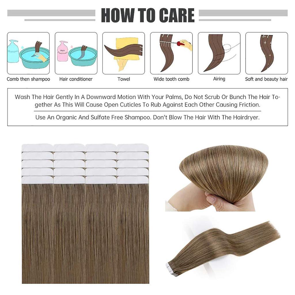 Human Hair Seal Extensions TAPE Hair Remy Extensions Color Wig Extensions 10pcs [ALISY] (16inch, 8#)