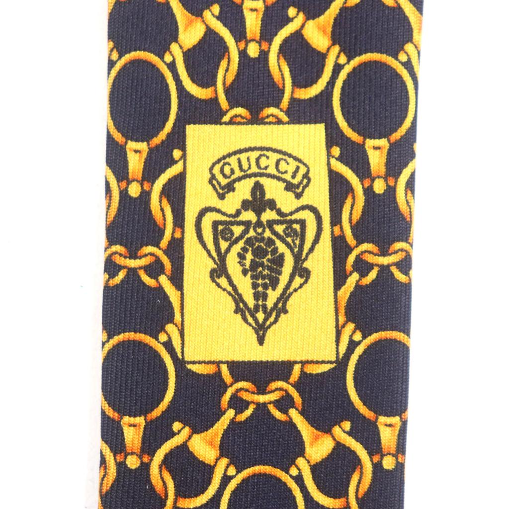 Pristine GUCCI tie Cravate Bit Pattern All-over Pattern Navy gold silk mens Used