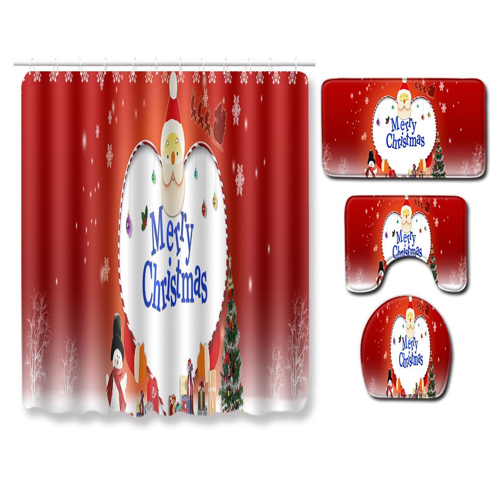 Christmas Bathroom Non-Slip Doormat Bathroom Waterproof Shower Curtain Toilet Floor Mat Four-Piece Shower Room Absorbent Carpet