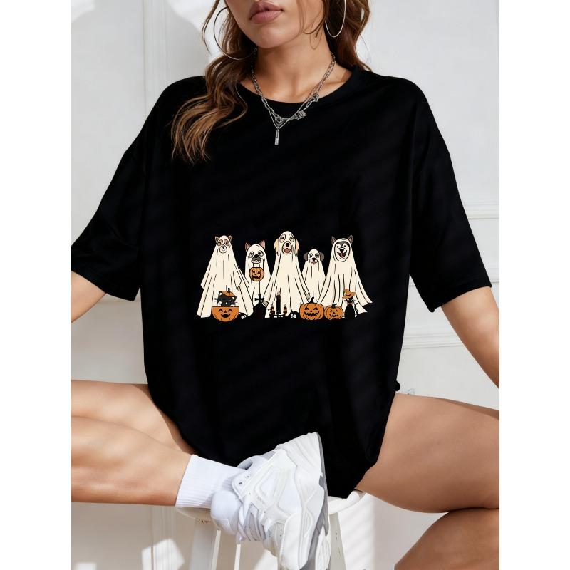 Crewneck T Shirt White Halloween Dogs In Ghost Costumes With Pumpkins And Bats Print For Casual Wear