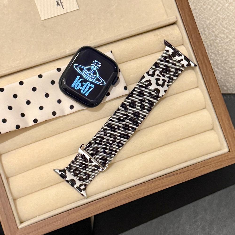 Milanese Loop strap For Apple watch band 46mm 45mm 44mm 40mm 41mm Leopard Print Magnetic bracelet for iWatch Series 11/10/9 8 7 6 SE3/Ultra 2 3 4 49mm