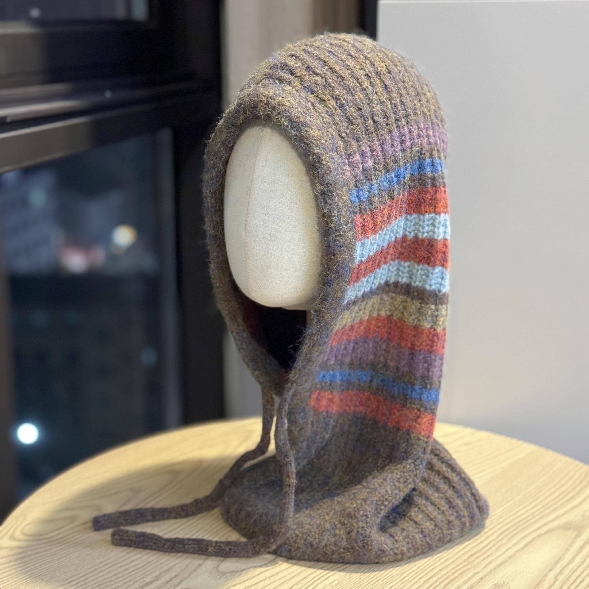 

New Fair Isle Style Knitted Hat for Women in Autumn and Winter Warm Woolen Hat Neck Scarf Integrated Windproof Cycling Pull Up Hat one size