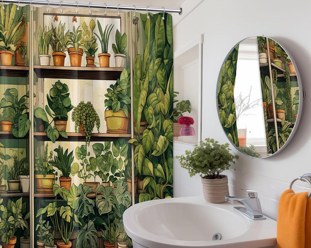 Botanical Shower Curtain, Vintage Green Plant Print, Fake Potted Florals, Waterproof Fabric Bathroom Set