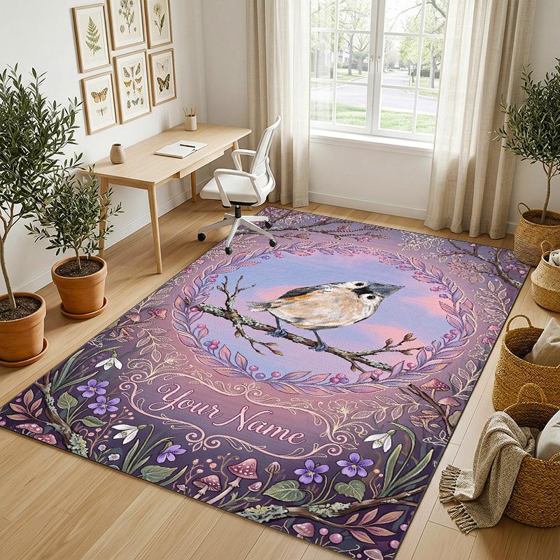 Beetle Floral Theme Soft Crystal Velvet Rug Custom Name & Text Print Non Slip Floor Rug for Bedroom Living Room