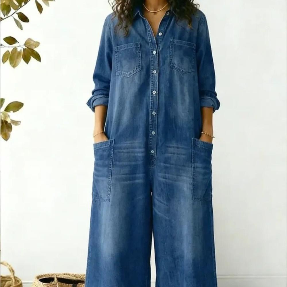 Abito Camicia Lungo in Denim da Donna a Manica Lunga con Mezza Abbottonatura Singola Tasca Ampio Tinta Unita Casuale Abito Tunica