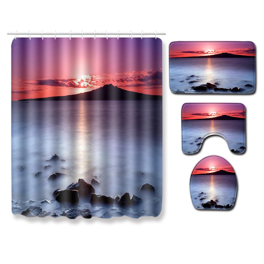 Landscape Shower Curtain Floor Mat Combination Four-Piece Set Bathroom Toilet Carpet Shower Room Mat Foot Mat