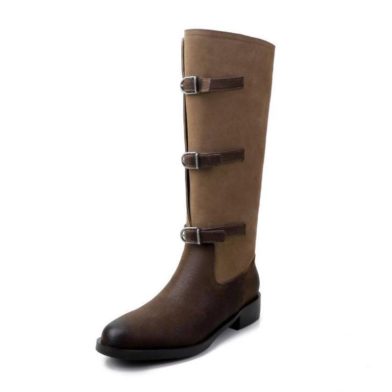 Autumn and winter women's leather tall boots solid color versatile medium heel large size women's boots rubber soft sole big tube circumference Ma