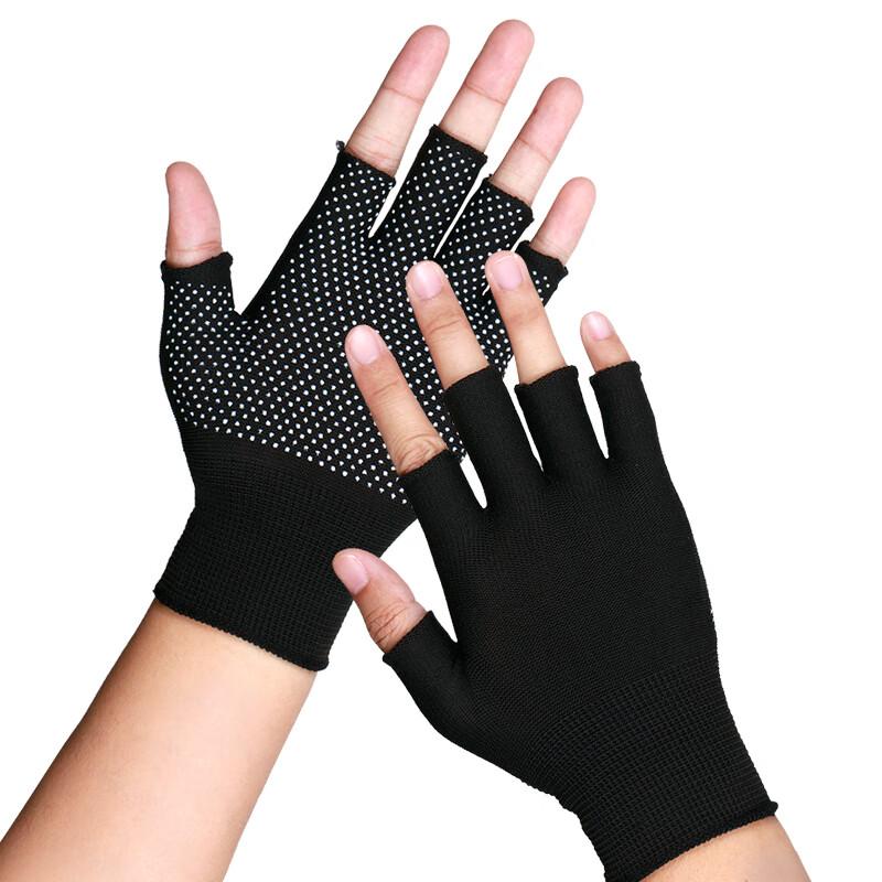 Gants Sans Doigts pour Protection au Travail, 10 Paires, Demi Nylon Pointillé Antidérapant Résistant à l'Usure Tri Emballage Cueillette Manuelle Perles Style Fin, Noir