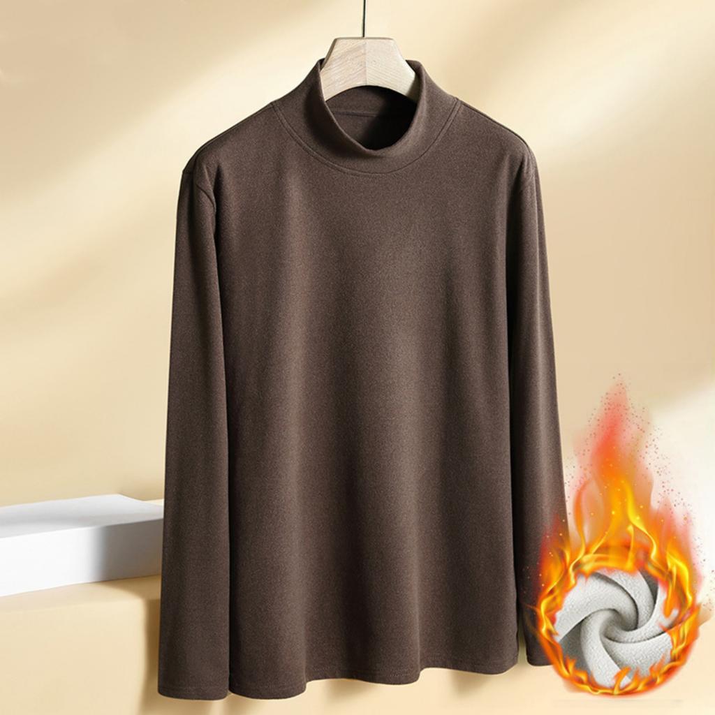 Men's Solid-color Casual High-neck Fitted Long-sleeved T-shirt, Men's Suede Warm Base Layer Top