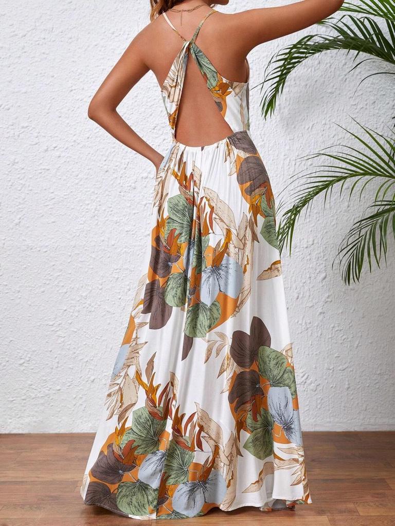 Tropical Print High Slit Strap Dress - European & American Style