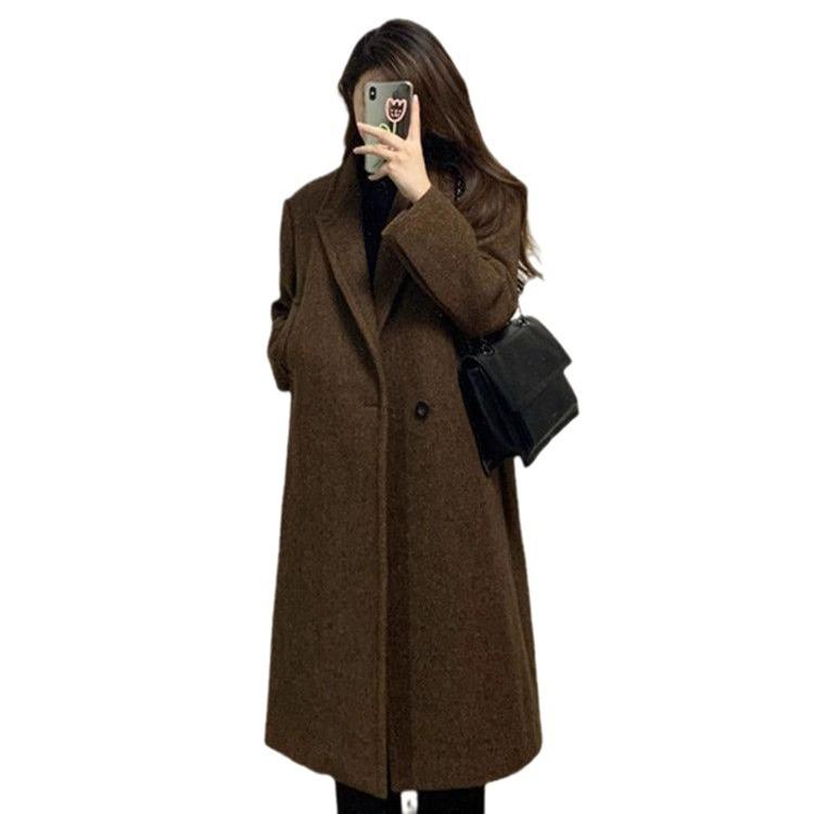 Women's Brown Wool Blend Single-Breasted Notch Lapel Trench Coat