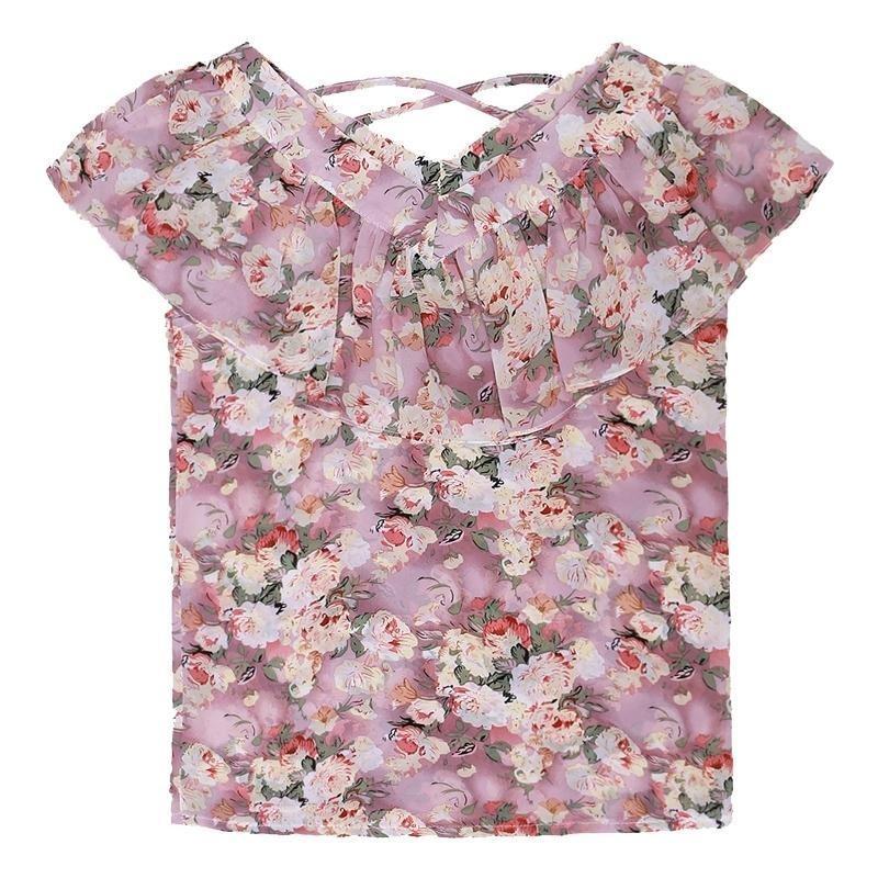 Office Lady Floral Printed Blouse Summer Straight Elegant V-Neck Women's Fashion Ruffles Spliced Short Sleeve Chiffon Shirt