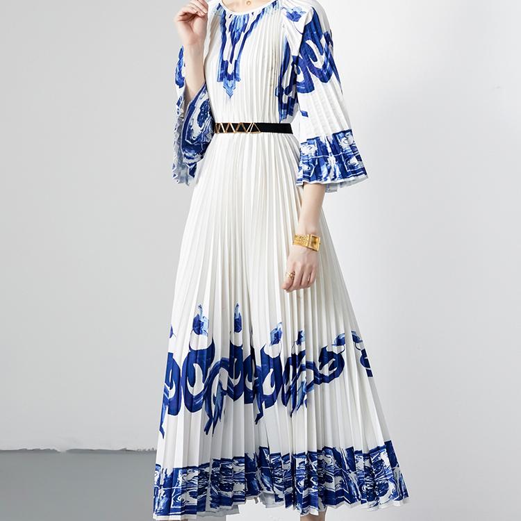 Summer Women Vintage Blue and White Porcelain Print Flower Loose Maxi Party Dresses with Belt