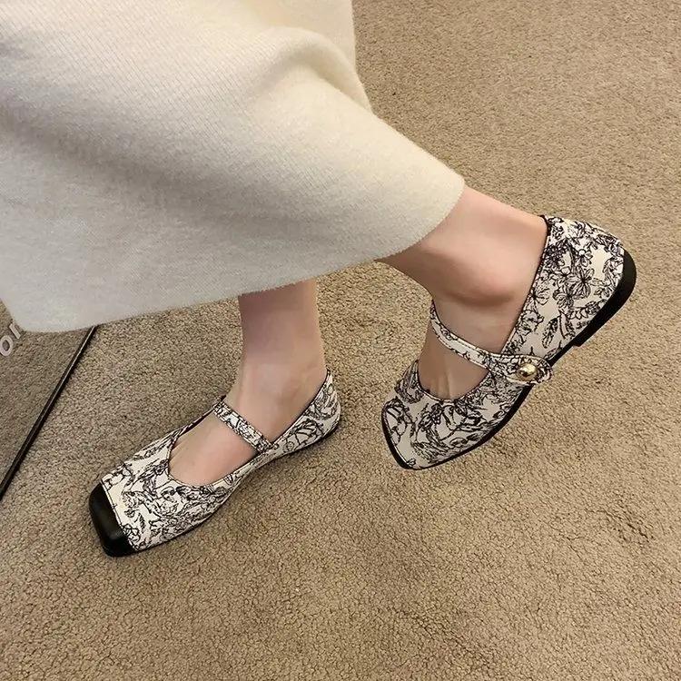 Fashion Ladies Footwear Printing Black Mary Jane With Heel Non Slip Vacation High Quality Fashion Lastest Shoe Y2k 39 Women's Flat Shoes