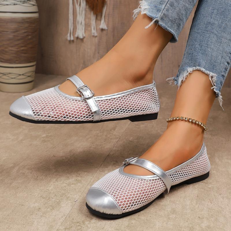 Chaussures plates pour femmes à la mode en maille épissée respirante à une sangle, semelle souple antidérapante résistante à l'usure, chaussures à bout rond