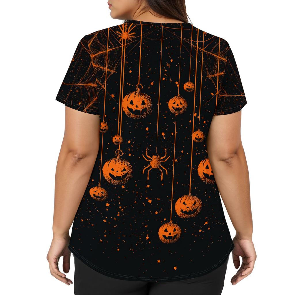 Women's V-Neck Short Sleeve Scrub Top with Pockets Halloween Print Uniform for Work