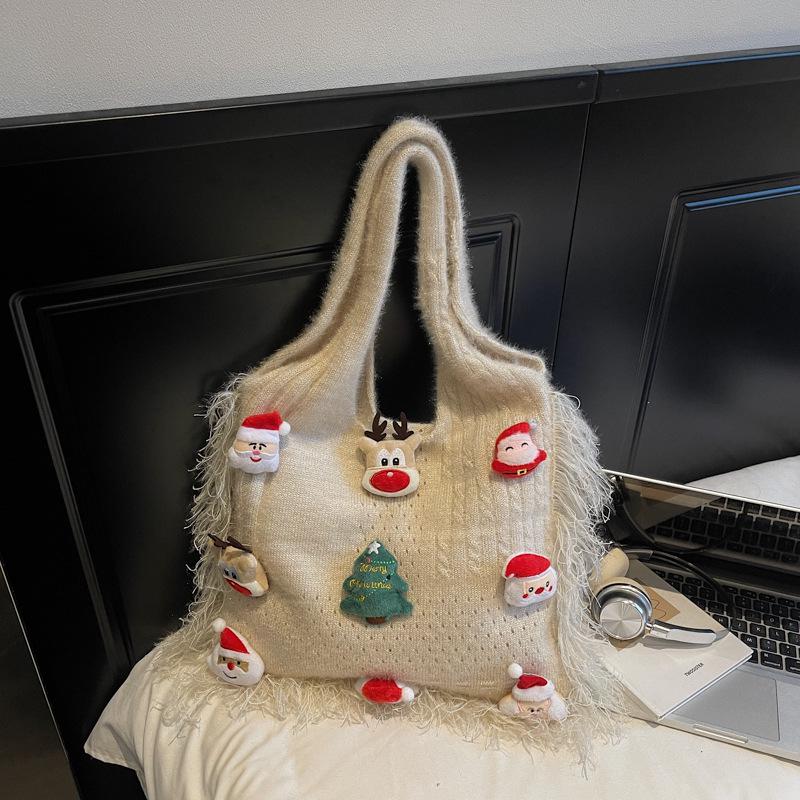 Korean Style Cute Cartoon Winter Yarn Shoulder Bag with Tassels - Versatile Large Capacity Tote