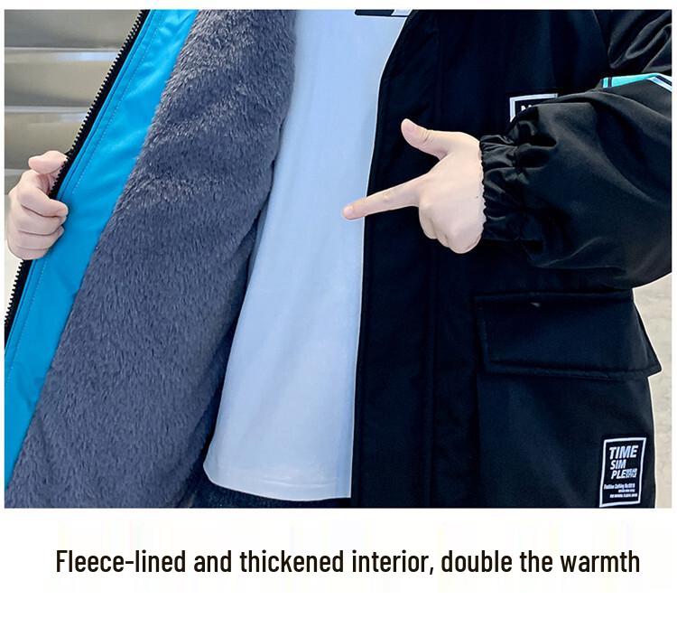 Boys' 2025 Winter Cotton-Padded Fleece-Lined Parka with Rabbit Fur