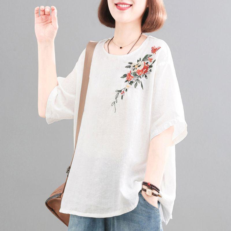 Women's Retro Korean Style Plus Size Embroidered Cotton Linen T-Shirt