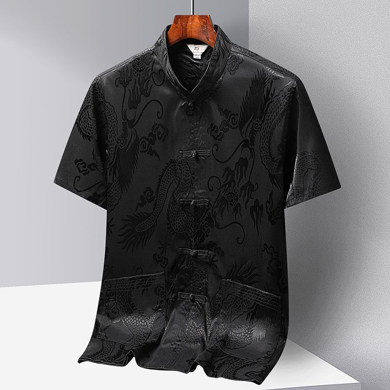 Ανδρικό κοντομάνικο πουκάμισο σε κινέζικο στυλ, καλοκαιρινό, με όρθιο γιακά, μονόκουμπο, διακοσμημένο με σχέδια κινέζικου δράκου.