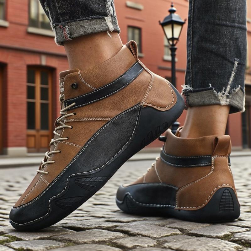 Men's High Top Casual Shoes Handmade Leather Spring/summer New Item Color Blocked Soft Sole Walking Shoes Breathable Bare Boots