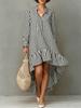 European and American summer new black and white striped lapel shirt skirt irregular ruffle edge long sleeve loose holiday dress