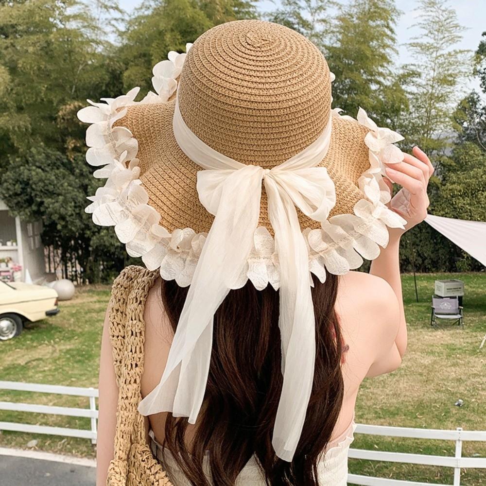 Breathable Straw Hat Wide-brimmed Beach Hat Sweet Sunshade Hat  for Summer Sun Protection