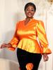 Plus Size Women's Orange V-Neck Puff Sleeve Slimming Top with Irregular Ruffles