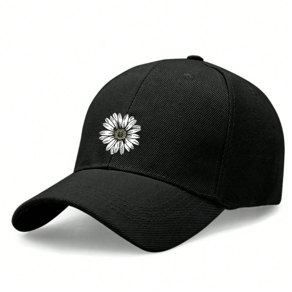 Daisy Print Baseball Cap - Fresh Daisy Print Style Polyester Adjustable Breathable Lightweight Moisture-Wicking Casual Outdoor Sports Beach Daily чёрный