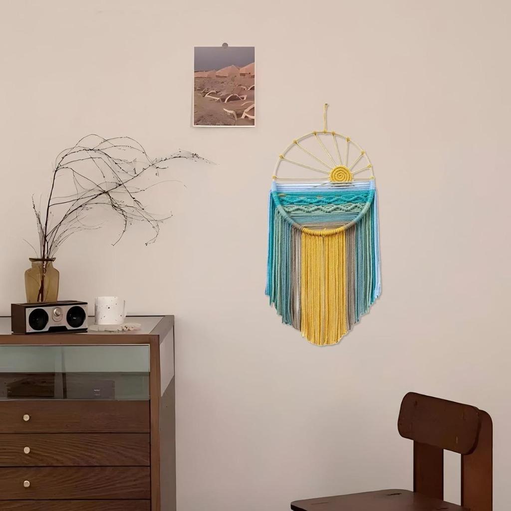 Arazzo da Parete Macramè Boho Sole Decorazione Murale, Acchiappasogni Colorati Intrecciati per Soggiorno Casa Stanza 60 cm L x 30 cm L
