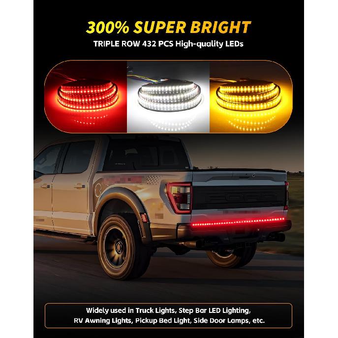 48" Truck Tailgate Light Bar, 432 LED Tailgate Lights Strip Brake Light Bar For Truck, Triple Row Turn Signal Truck Bed Lights For Dodge RAM Fo-Rd