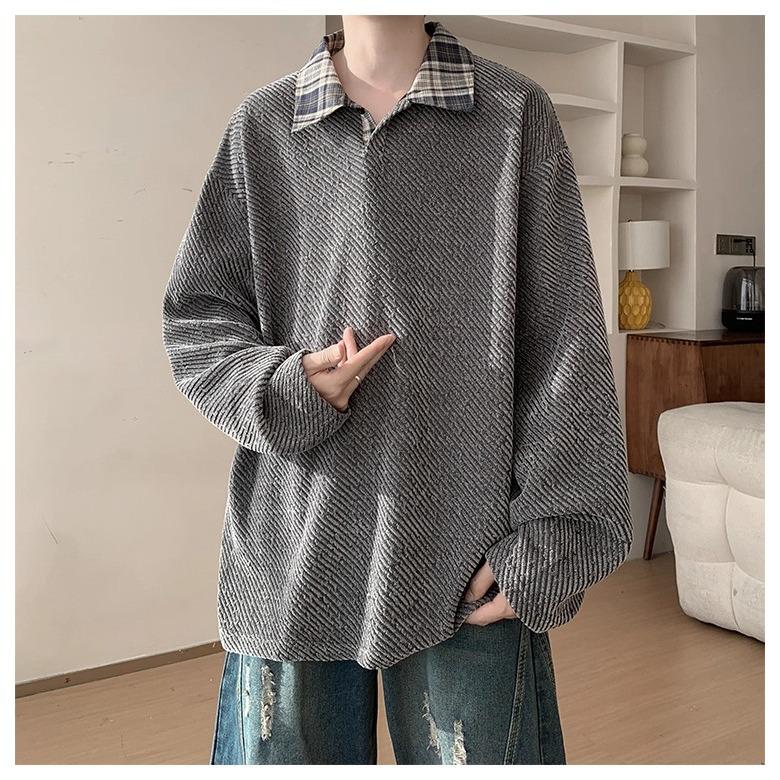 Men's Fake Two-Piece Long-Sleeve Knit Shirt, Loose Plus Size, Lapel Hoodie, American Style, Spring/Autumn 2025.
