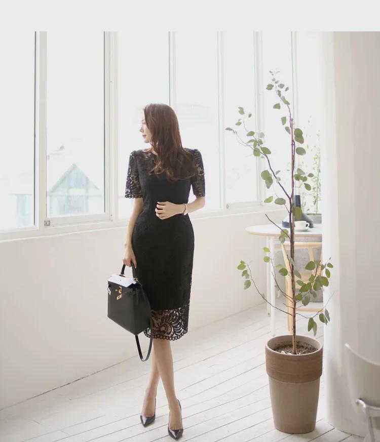 2025 Korean Style Lace Elegant Slim Dress - Short Sleeve, Medium-Long Length