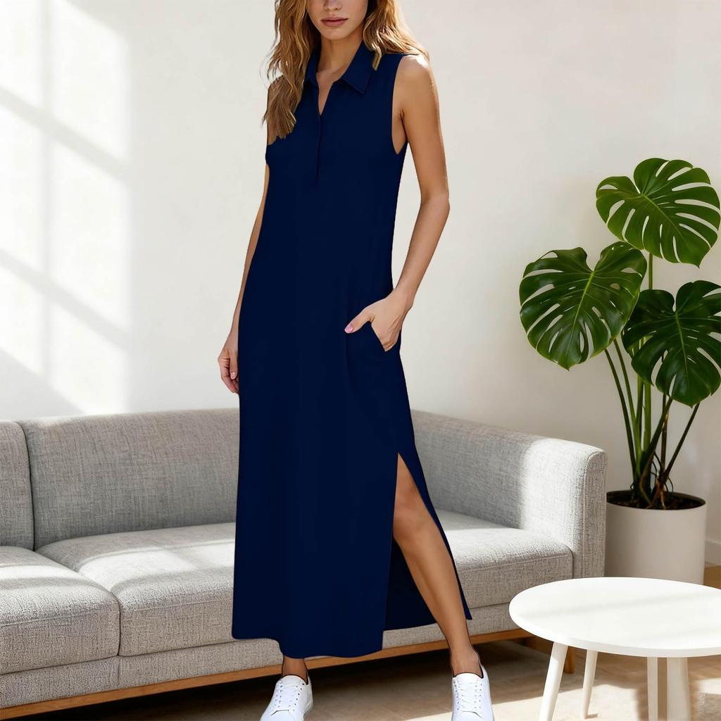 Women’s Fashion Casual Plain Sleeveless Loose-Fit Slit V-Neck Collared Dress With Pockets