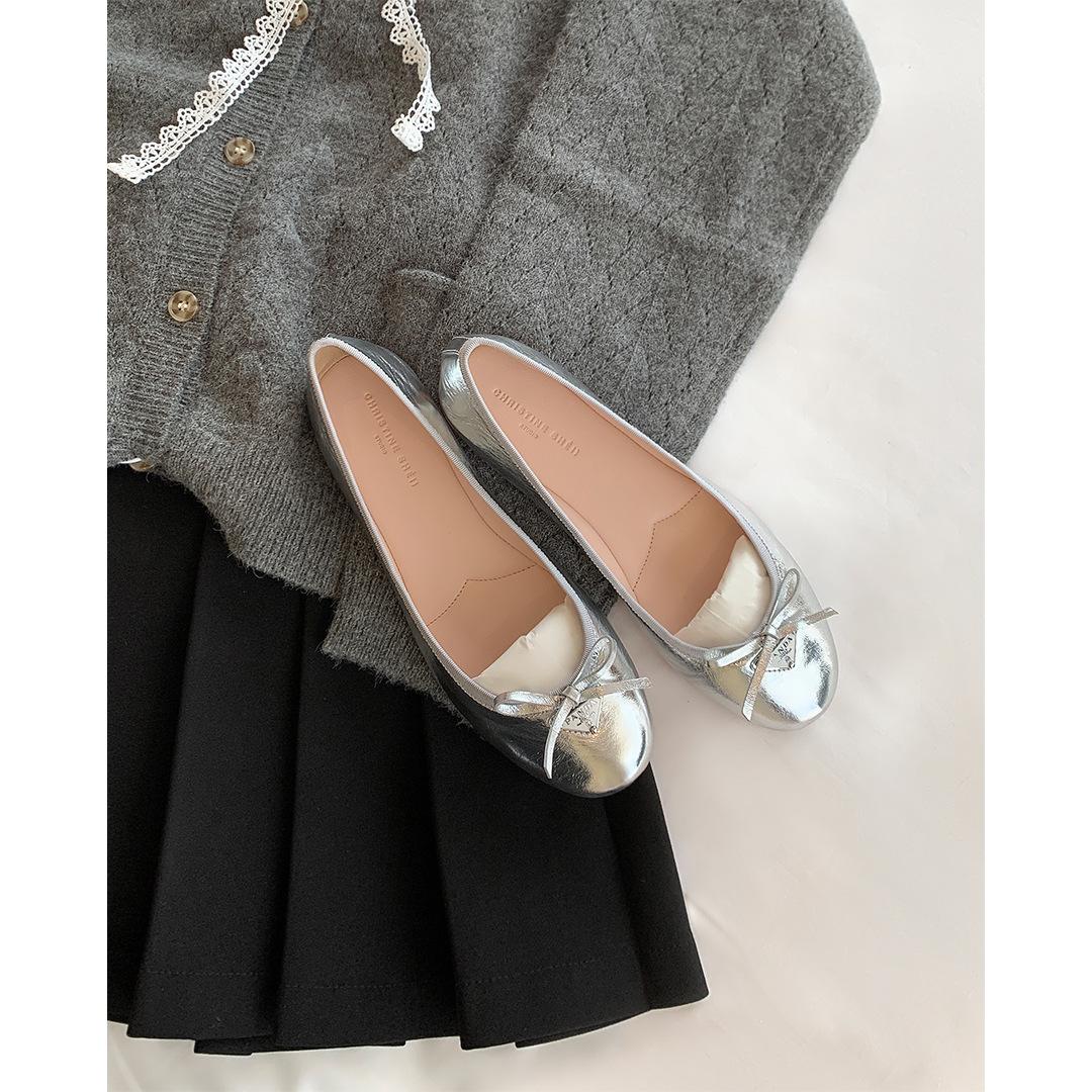 

[SheII] top grade~ imported fetal sheepskin triangular standard bow flat ballet shoes women s single shoes 40 срібний
