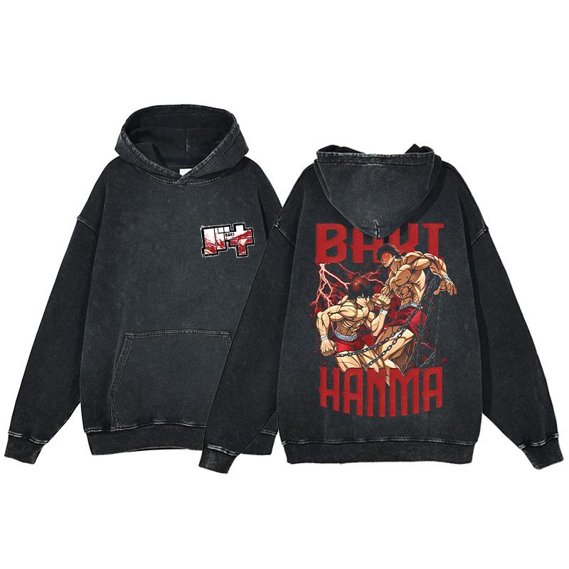 Hot Anime Baki Hanma Graphic Print Men Women Vintage Hoodies Washed Cotton Streetwear Harajuku Unisex Casual Loose Sweatshirt