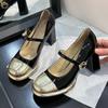 Fashion Summer New Coarse Heel Shoes Women Fashion Round Head Shallow Mouth Splicing Metal Buckle Anti-slip Wear-resistant High Heels