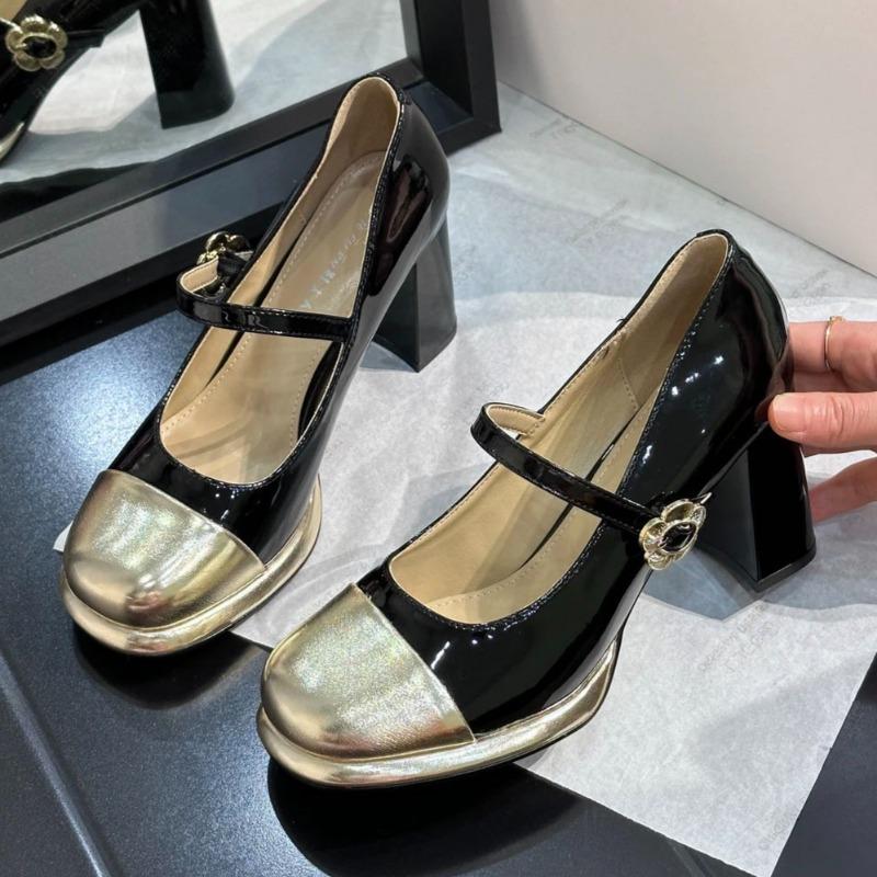 Fashion Summer New Coarse Heel Shoes Women Fashion Round Head Shallow Mouth Splicing Metal Buckle Anti-slip Wear-resistant High Heels